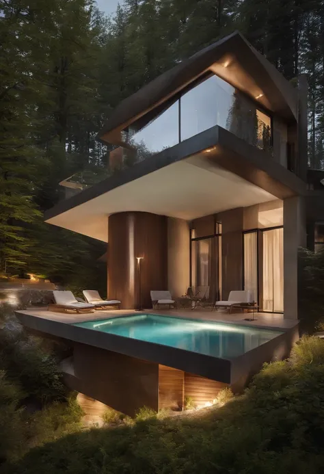 Une maison avec un sens de la technologie futuriste，3-storey building，Contre les montagnes，Face au lac，Immense piscine，Style architectural moderne， Photo hyperdétaillée，buliding，Complexe，Ombrage, HighDynamicRange，dinamic lighting, Fotorrealista, natural so...