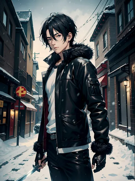 anime man, black shiny hair, black sheepskin jacket, snowfall, snowstorm, sword