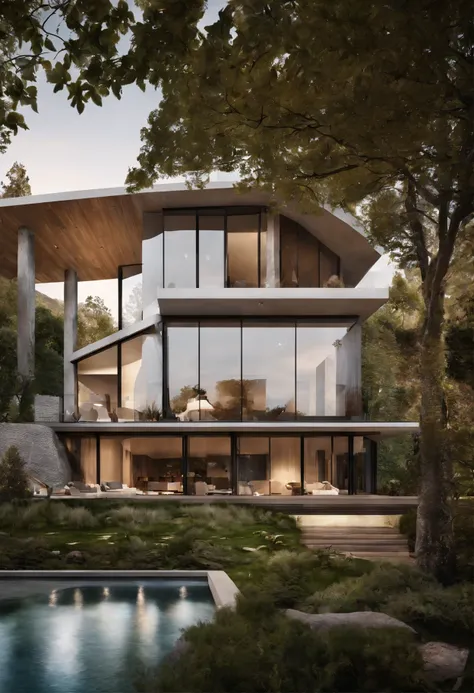 Une maison avec un sens de la technologie futuriste，3-storey building，Contre les montagnes，Face au lac，Immense piscine，Style architectural moderne， Photo hyperdétaillée，buliding，Complexe，Ombrage, HighDynamicRange，dinamic lighting, Fotorrealista, natural so...