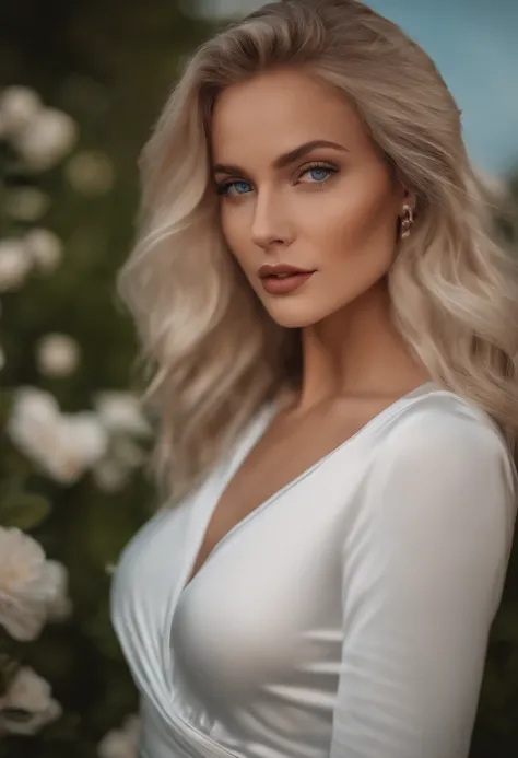 realistic white female instagram influencer, best quality, blonde, 1 girl, blue eyes, in white tight short dress