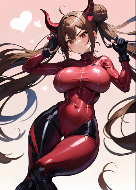 masterpiece, best quality, finely detailed, high resolution, 1girl, brown long hair, brown hair, heart on cheek, heart on face, pigtails, pink eyes, showing butt, fskinny waist, big hips, disgusted face, gross face, sexy, red, (huge breasts), narrow waist,...