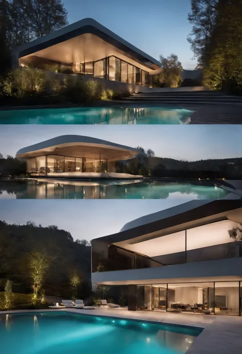 Une villa avec un sens de la technologie futuriste，Face au lac，Immense piscine，Style architectural moderne， Photo hyperdétaillée，buliding，complexe，ombrage, HighDynamicRange，dinamic lighting, Fotorrealista, natural soft light, H faible, tmasterpiece, 8k det...