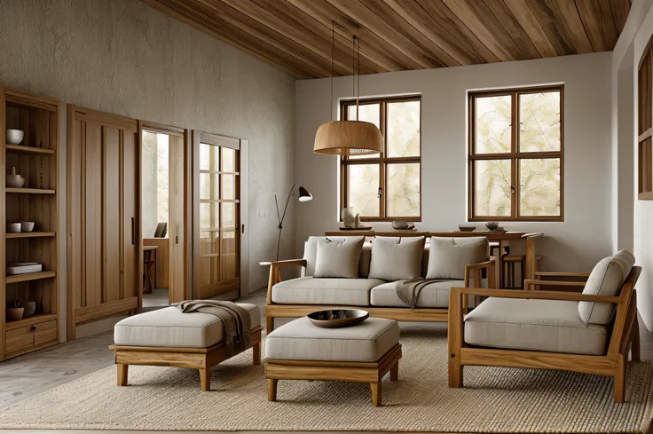 wabi-sabi livingroom interior, wabi-sabi interior style, design tends to be minimalist, 
(muted tones of beige, gray, brown, and...