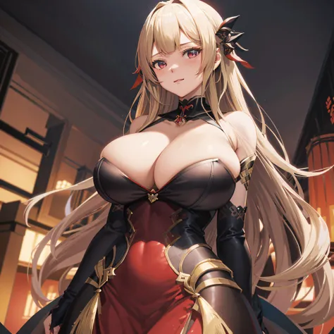 anime - style image of a woman in a red dress with long blonde hair, ayaka genshin impact, anime goddess, azur lane style, small curvy loli, seductive anime girl, from the azur lane videogame, ayaka game genshin impact, shadowverse style, characters from a...