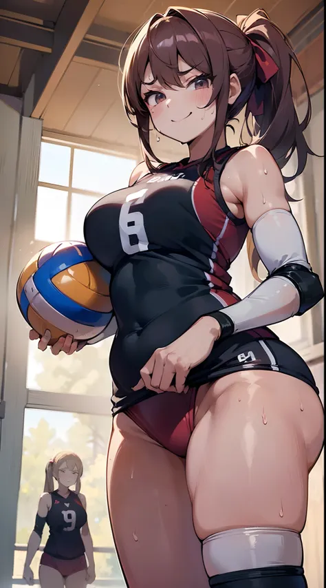 (((masterpiece))), (((Best Quality))), (((Ultra Detail Art))), (((hight resolution))), ((superfine illustration)), ((Ultimate cutie)), Detailed beautiful face, Shiny hair, (gyaru), ((medium breasts)), ((potbelly)), (((2girls))), (((2 female volleyball play...