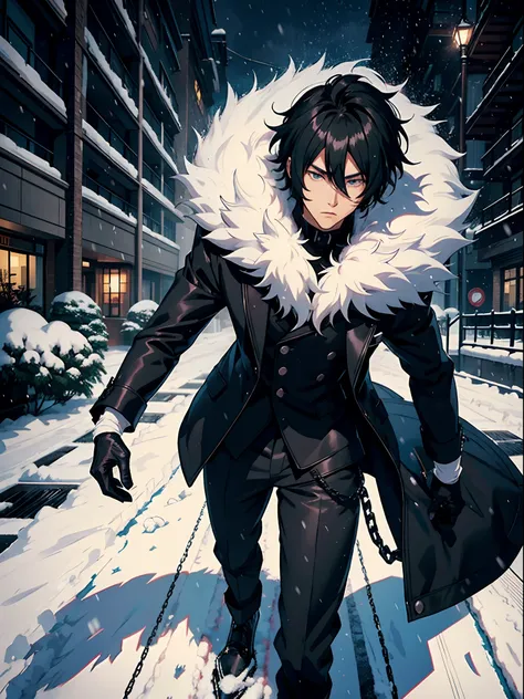 anime man, black shiny hair, black fur jacket, fluffy clothes, intense snowfall, snowstorm, chains