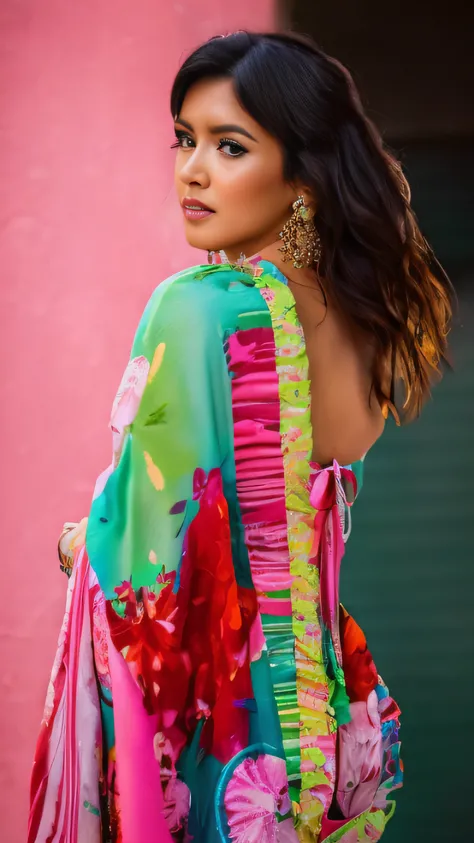 a close up of a woman wearing a colorful dress and earrings, showing her shoulder from back, pale and coloured kimono, frilled blooming collar, close up half body shot, draped in fleshy green and pink, wearing pink floral chiton, with colourful intricate, ...