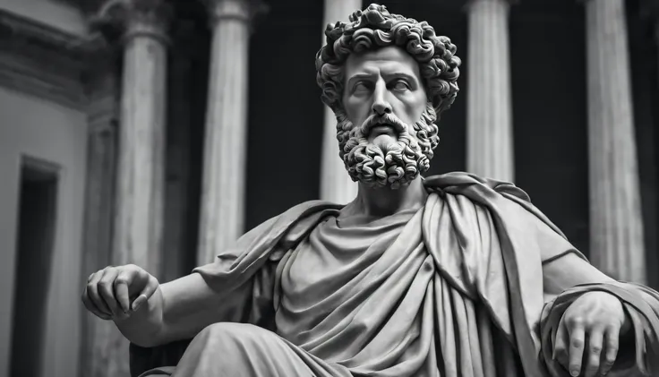 a portrait statue of the stoic Marcus Aurelius in black and white 4K,Face de lado, papel de parede super realista