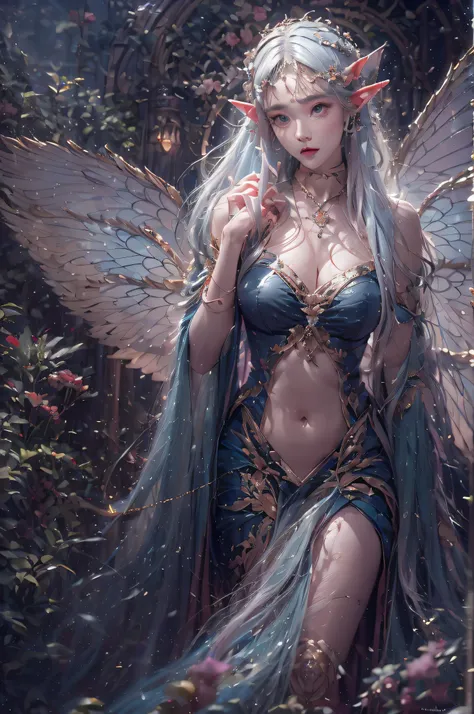 ( Absurd, High quality, Ultra-detailed, Masterpiece, concept-art, smooth, high detail artwork, Hyper-realistic painting ) , elf, Plum elf, plum , Transparent fairy wings, huge tit，low chest，with hands behind her back，fairytale-like, Romantic, Vivid, Whole ...