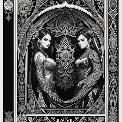 ornate illustration of black and white decorative ornamented formal symmetrical panel edge to edge for comic book style inked and full color line art of best ever, border illustration, masterpiece, best quality, sharp focus, 8k, artstation, highly detailed...