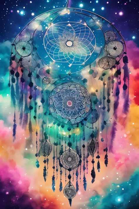 (best quality, master part:1.2), Foco suave, Aquarela gradiente brilhante, sonhador, fundo branco, Melancholic Field of Roses, Photorealistic Cosmic Sky, artistic, psicodelic, Chuva incandescente, A dreamcatcher who turns to cosmic ashes