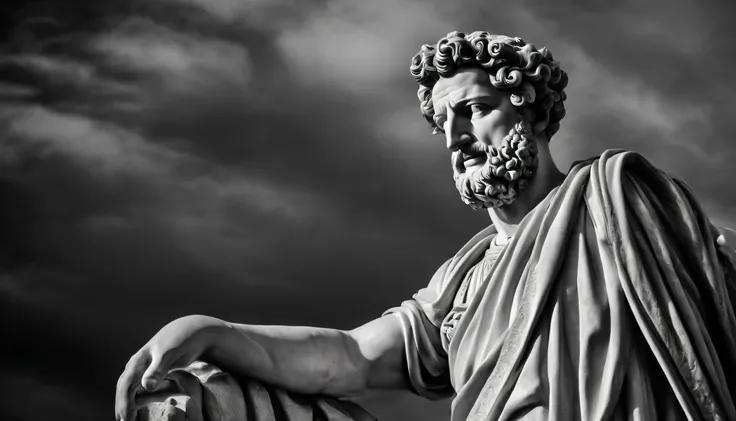 a portrait statue of the stoic Marcus Aurelius in black and white 4K,Face de lado, papel de parede super realista, Corpo, forte, barriga forte, musculoso