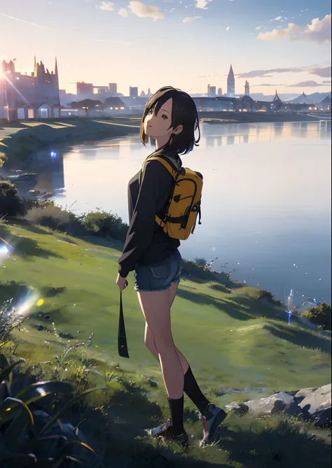 (beautiful and magnificent skyline, majestic sky), (extremely tense and dramatic pictures, moving visual effects), (high hanging Polaris, colorful natural light), (1girl), (long-sleeved top, denim shorts, carrying a backpack), (dynamic pose:1.3, black eyes...