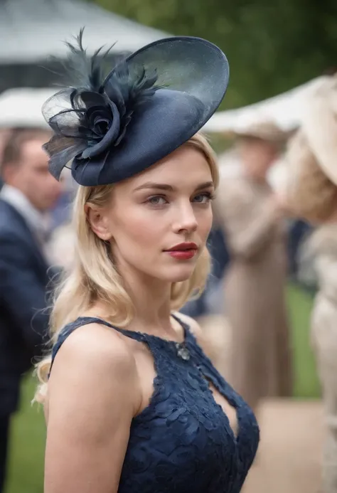 A young blonde Englishwoman dressed for Royal Ascot