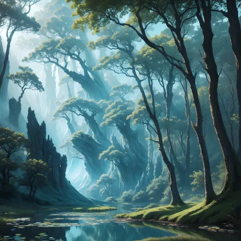 masterpiece, award winning, super detail, high quality, (fantasy art:1.4), spirit of the wind, in nature, theme color is very pale blue, trees, pond, embodiment, breeze, air, Delicate, evangelist