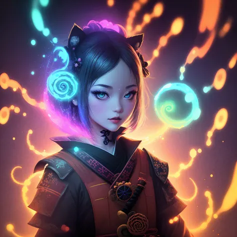 Neon glowing dot particle Synesthesia Glitchscape iridescent Swirls Gothic, samurai Girl in the style of spreading particles, vibrant colors Fibonacci swirling background, extremely high detailed, superior high quality