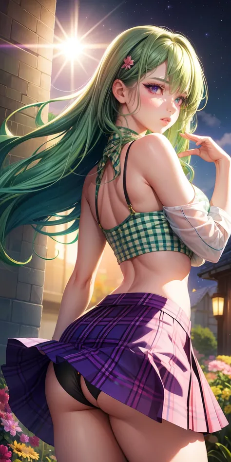 realistic,1girl,green hair,purple eyes,glowing eyes,checkered pattern crop top,skirt,parted lips,blush,night,flowers,sun,sunlight,sexy pose, close up, back view