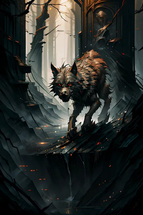 the wolf gets down from the wall, the wolf descends the wall to the ground, illustartion