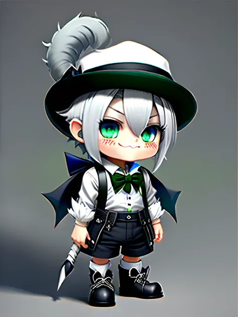 Short demon, grey hair, dark horns, cute, black and white stripped shirt, grey sleeves, grey bowtie, black and white hat, blue shorts, grey boots, green and grey fur, smiling, blue eyes, dark spaded tail, white skin, green blush with spades on cheeks, goat...