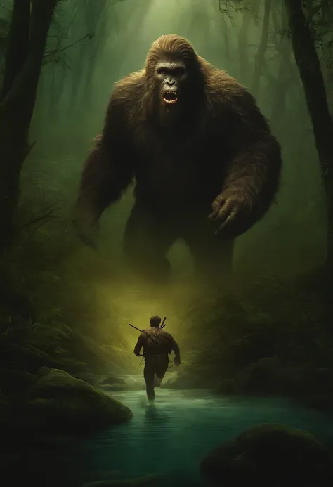 Create an image of a hunter fleeing from the cyclops who has only one eye on his forehead and his mouth on his belly through a swamp. In the background, depict Bigfoot with one eye in the center of his forehead and his mouth on his belly and a scary, flore...