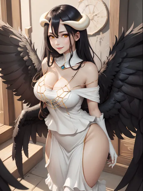 masterpiece, best quality, highres, al1, demon horns, slit pupils, white gloves, white dress, bare shoulders, detached collar, cleavage, black wings, feathered wings, low wings, cowboy shot, standing, smile, dungeon, evil smile,