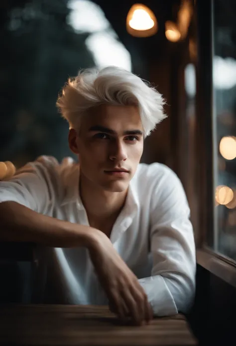 young man, 20 years old, white hair, portrait photo, white clothes, sitting looking out the window, sad, night light, tea shop background, reality photo, reality skin