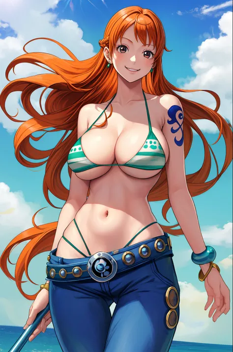 detailed background, masterpiece, best quality, 1girl, wide anime eyes,solo, nami (one piece), 1girl, bangle, bangs, bare shoulders, belt, bikini, bikini top only, blue sky, bracelet, breasts, brown eyes, bubble, cleavage, cloud, cowboy shot, day, denim, e...