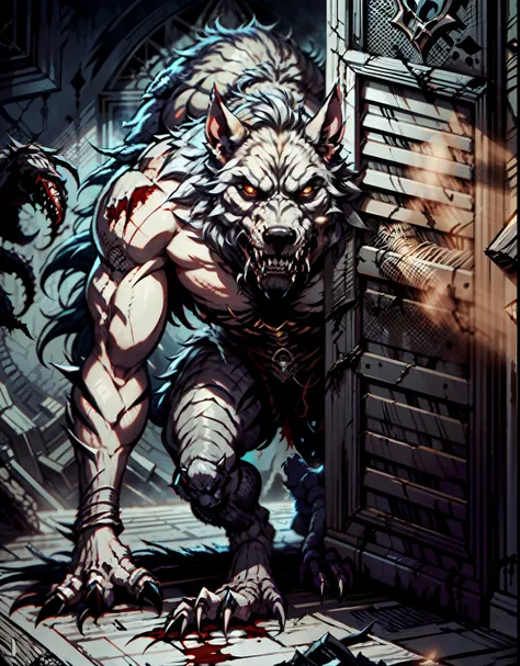 Drawing of a werewolf sliding off the wall, crawling out of a dark room, Sinister creature, Hiding in the details, ( ( ( horror art ) ) ), Nightmare illustration, Nightmare Scene, A monster descends from the ceiling on the wall, Werewolf crawling on the wa...