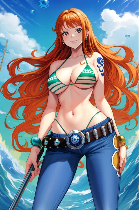 detailed background, masterpiece, best quality, 1girl, wide anime eyes,solo, nami (one piece), 1girl, bangle, bangs, bare shoulders, belt, bikini, bikini top only, blue sky, bracelet, breasts, brown eyes, bubble, cleavage, cloud, cowboy shot, day, denim sh...