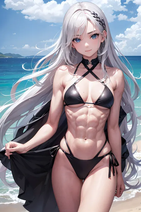 masterpiece, highest quality, silver hair, middle hair, black bikini, beach, (abs:1.5), underarm, blue eyes, (muscular:1.3), happy, biceps