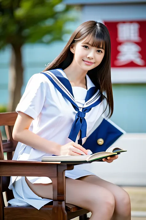 (((Draw only one woman: 2))), Beautiful 18 year old Japan woman, (High school girl in white sailor suit with short sleeves: 1.5), (Japan strict girls school white sailor uniform:1.5), (( High school girl sitting on a chair in the library reading: 1.2)), ((...