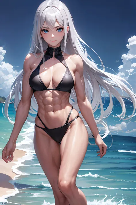 masterpiece, highest quality, silver hair, middle hair, black bikini, beach, (abs:1.6), underarm, blue eyes, (muscular:1.3), biceps, smile