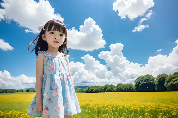 with blue sky and white clouds，Rural idyllic，Cute and cute 5 year old girl，Floral dress，dandelion，super-fine，8K分辨率，Best Picture Quality，high qulity，Photographic film effect