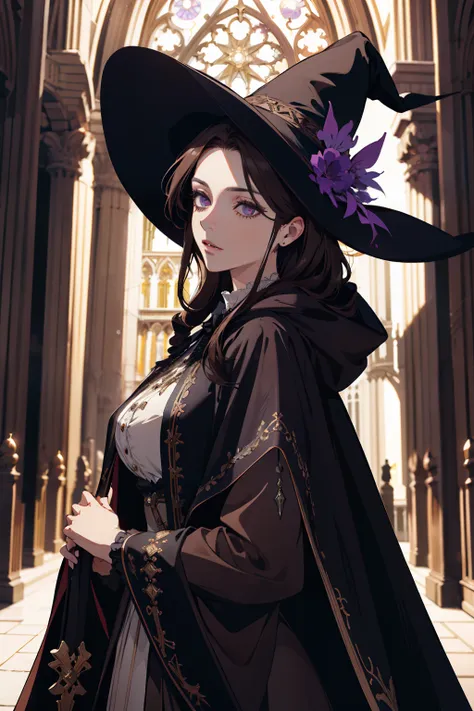 masterpiece, (absurdres:1.1), best quality, witch hat extremely delicate, (beautiful face:1.1), elegant, full clothes (great composition), bags under eyes,  (dark:1.1), highly detailed exquisite  portrait Victorian era inspiration anime - style image of a ...