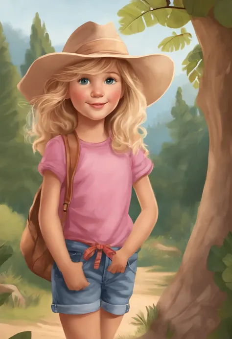 mignon petit explorateur, dans diverses poses et expressions sur un fond blanc, Childrens book illustration style, simple, mignon, 6 ans, longs cheveux blonds raides avec queue de cheval et frange, pink short-sleeved shirt, Photos de jeans , Pas de ceintur...