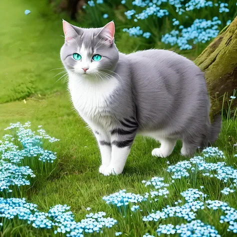 A picture of a adorable cat, cat has gray fur, cat has green eye, realistic amine cat, cute baby face cat, cat has long fluffy fur, cat in the a beautiful valley, valley has a variety of flowers including forget-me-nots, the background of the scene is in w...