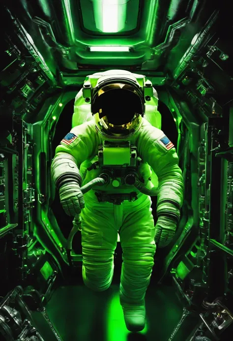 Generate an image of an astronaut facing the fluorescent Green Planet. A unique astronaut is emerging from inside the spacecraft. Back