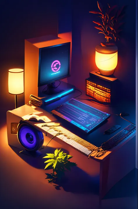 isometric music producers computer desk, speakers, monitors, marijuana bong, soft light lamp, cinematic, raytracing, modeling, o...