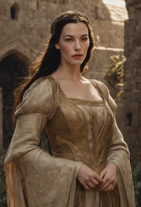 ((Liv Tyler), (Arwen)),  estilo modelshoot, Parece Keira Knightley, (extremamente detalhado CG unidade 8k papel de parede), foto corporal completa da obra de arte mais bonita do mundo, Bruxa medieval inglesa, Vale Verde, pearl skin,coroa de ouro, ouros, Pl...