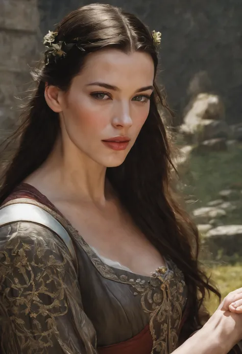 ((Liv Tyler), (Arwen)),  estilo modelshoot, Parece Keira Knightley, (extremamente detalhado CG unidade 8k papel de parede), foto corporal completa da obra de arte mais bonita do mundo, Bruxa medieval inglesa, Vale Verde, pearl skin,coroa de ouro, ouros, Pl...