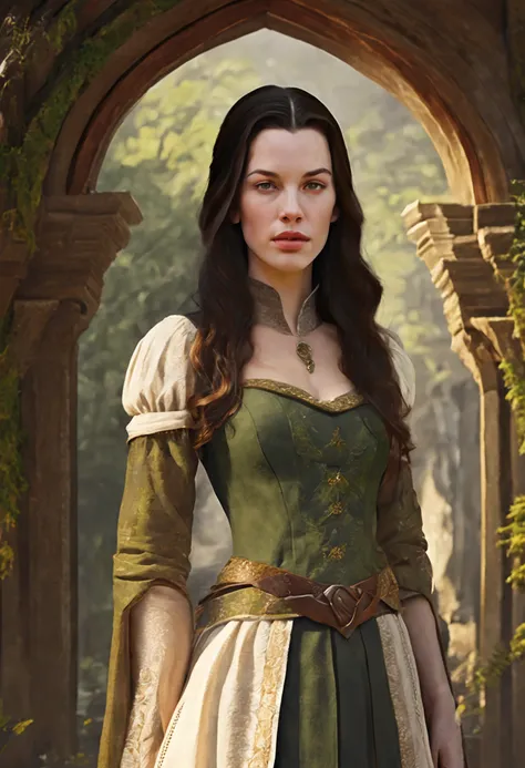 ((Liv Tyler), (Arwen)),  estilo modelshoot, Parece Keira Knightley, (extremamente detalhado CG unidade 8k papel de parede), foto corporal completa da obra de arte mais bonita do mundo, Bruxa medieval inglesa, Vale Verde, pearl skin,coroa de ouro, ouros, Pl...