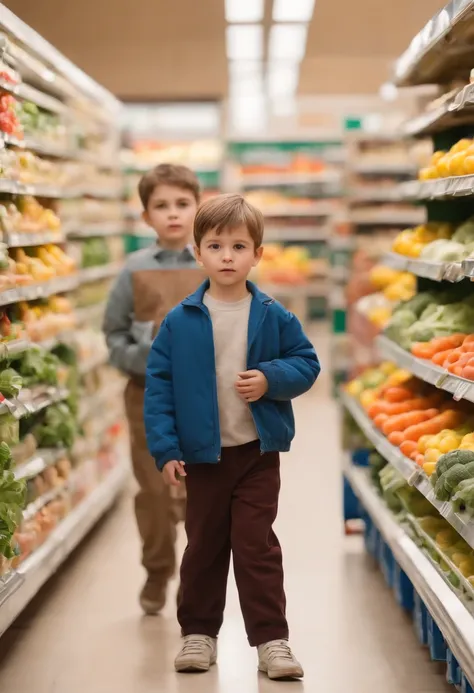 Two boys help with things.One boy dressed in red and black pants, the other boy in blue clothes and brown pants，In the supermarket,The background should have the clarity of vegetables and fruits，Photorealistic