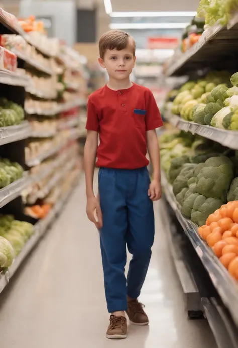 Two boys help with things.One boy dressed in red and black pants, the other boy in blue clothes and brown pants，In the supermarket,The background should have the clarity of vegetables and fruits，Photorealistic