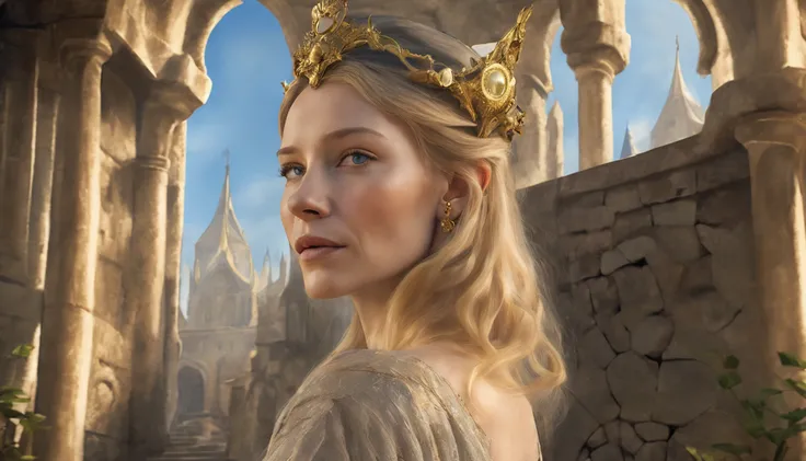 ((Cate Blanchett), (Galadriel)),  estilo modelshoot, Parece Keira Knightley, (extremamente detalhado CG unidade 8k papel de parede), foto corporal completa da obra de arte mais bonita do mundo, Bruxa medieval inglesa, Vale Verde, pearl skin,coroa de ouro, ...