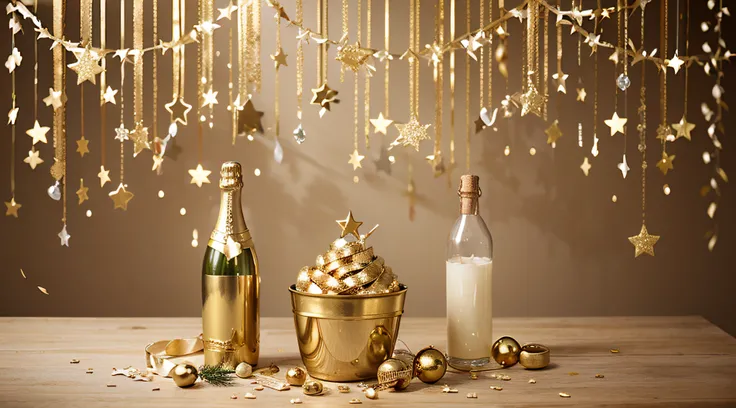 Celebration background with golden champagne bottle, confetti stars and party streamers. Christmas, birthday or wedding concept. copy space.