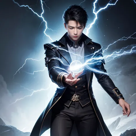 (Absurd, High Resolution), 16k, (Panorama), young man, Closed Eyes, Open Hands, Short Hair, Black Hair, Black Coat, White Underwear, Extreme Detail, Lightning, Magic, Magic Array, Exaggerated Light, Shine, Magic, Floating, Dusk,