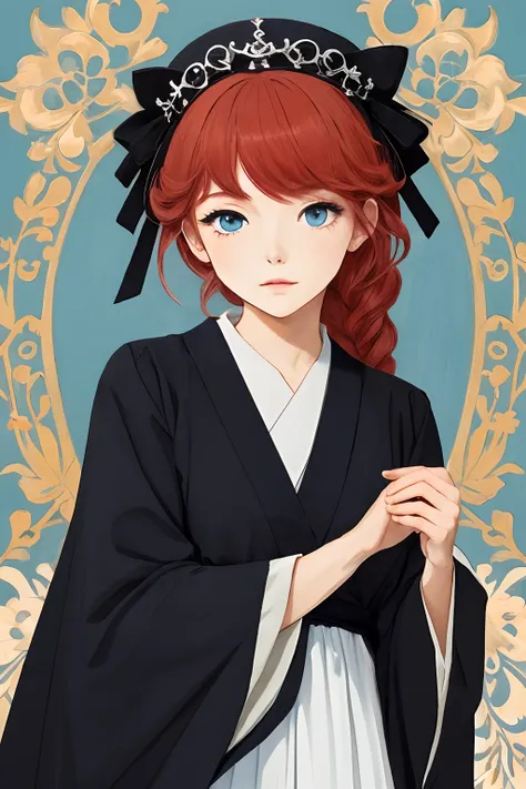 niji style, ghibli style, girl with black crown, red hair, blue eyes, black clothes