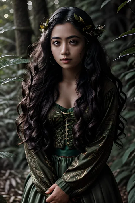 Portrait in forest, mother nature style leaves, long curly hair, dreamlike, young woman, indonesian, UHD, forest goddess, fairy, dark green clothing, forest, falling leaves, particles, best quality, pose, upper body, looking at the viewer, tetroilluminated...