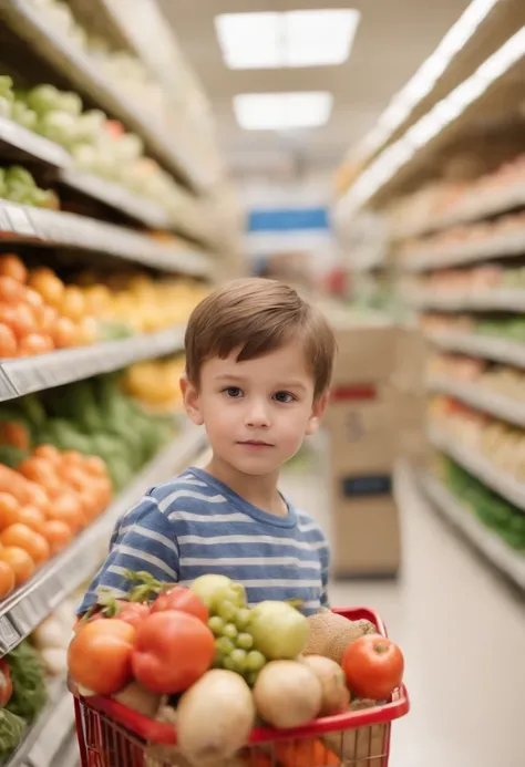 A boy helps with shopping.In the supermarket,The background should have the clarity of vegetables and fruits，Full image photorealistic photorealism，non blurry