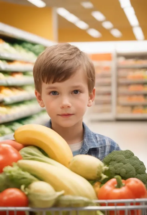 A boy helps with shopping.In the supermarket,The background should have the clarity of vegetables and fruits，Full image photorealistic photorealism，non blurry